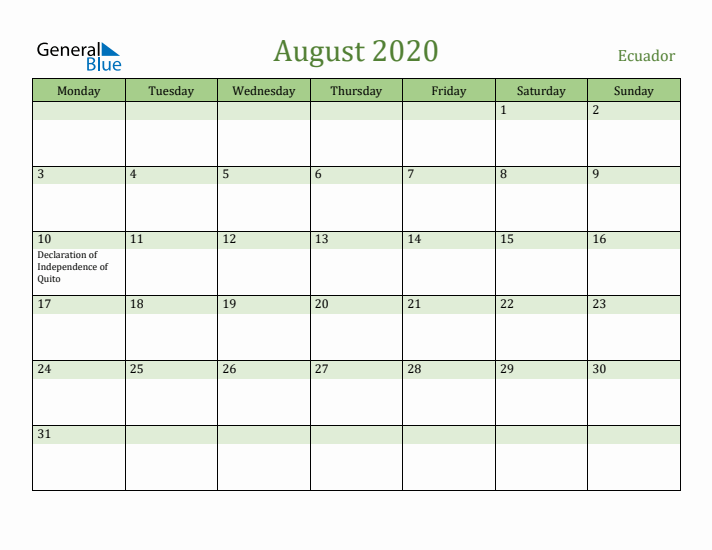 August 2020 Calendar with Ecuador Holidays