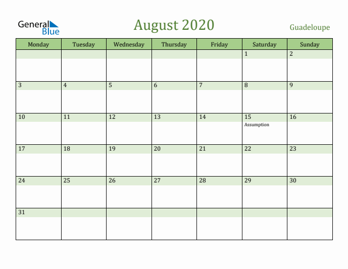 August 2020 Calendar with Guadeloupe Holidays