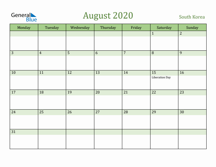 August 2020 Calendar with South Korea Holidays