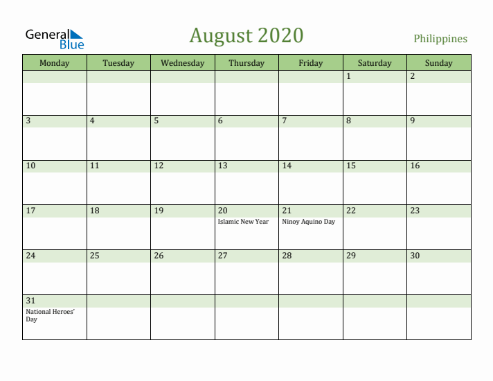 August 2020 Calendar with Philippines Holidays