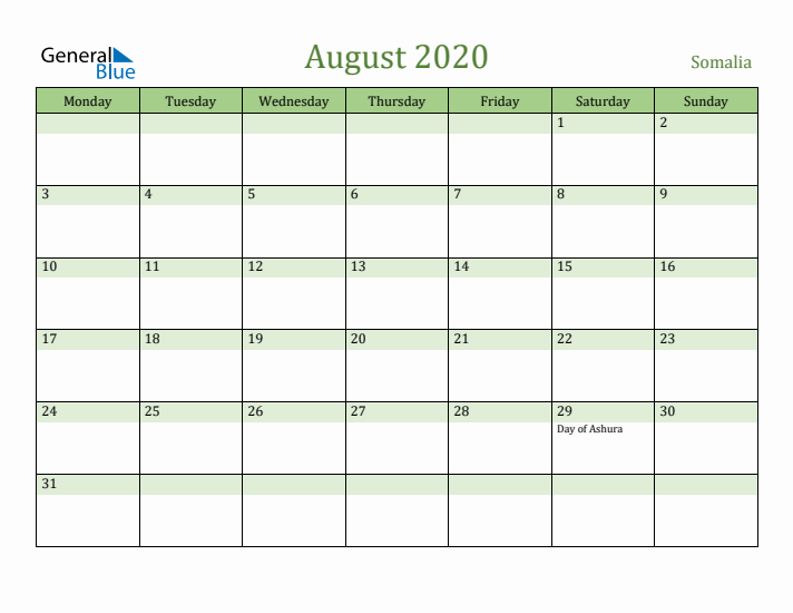 August 2020 Calendar with Somalia Holidays