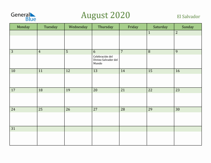 August 2020 Calendar with El Salvador Holidays