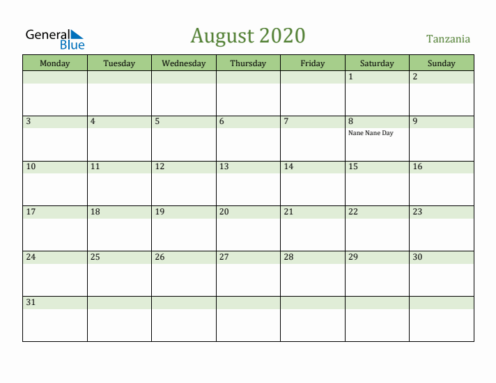 August 2020 Calendar with Tanzania Holidays