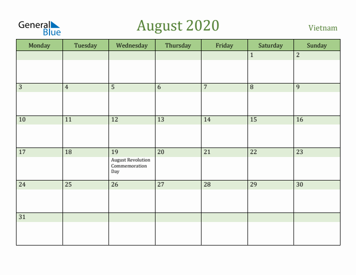 August 2020 Calendar with Vietnam Holidays