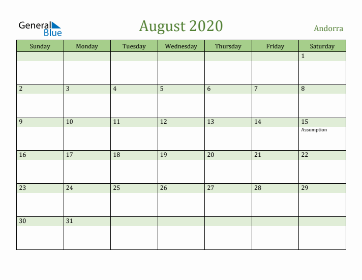 August 2020 Calendar with Andorra Holidays