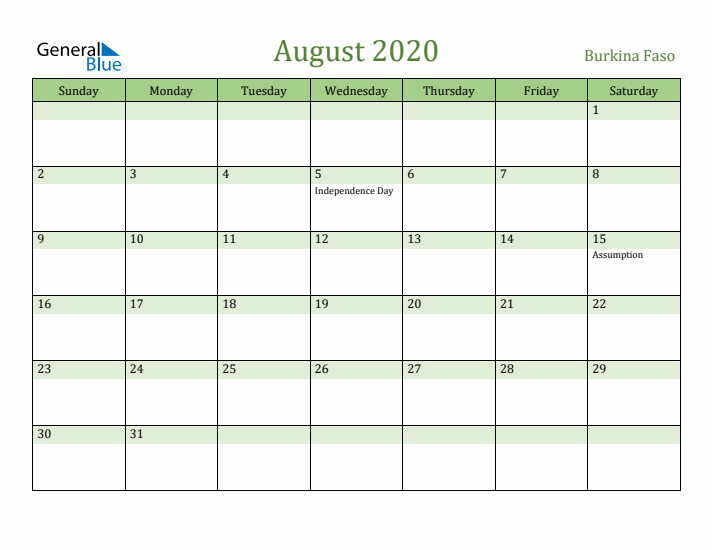 August 2020 Calendar with Burkina Faso Holidays