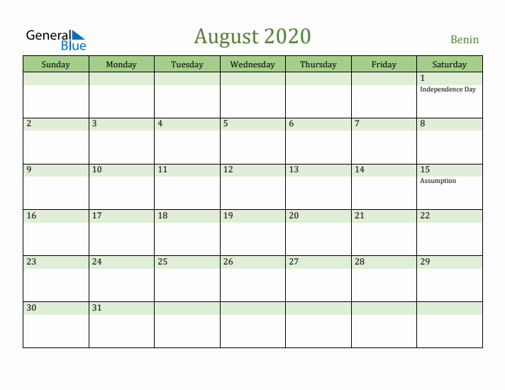 August 2020 Calendar with Benin Holidays