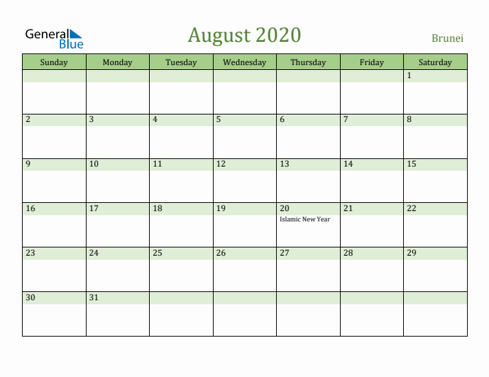 August 2020 Calendar with Brunei Holidays