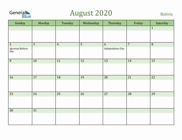 August 2020 Calendar with Bolivia Holidays