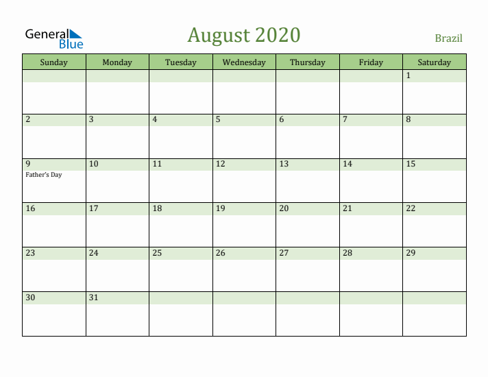 August 2020 Calendar with Brazil Holidays