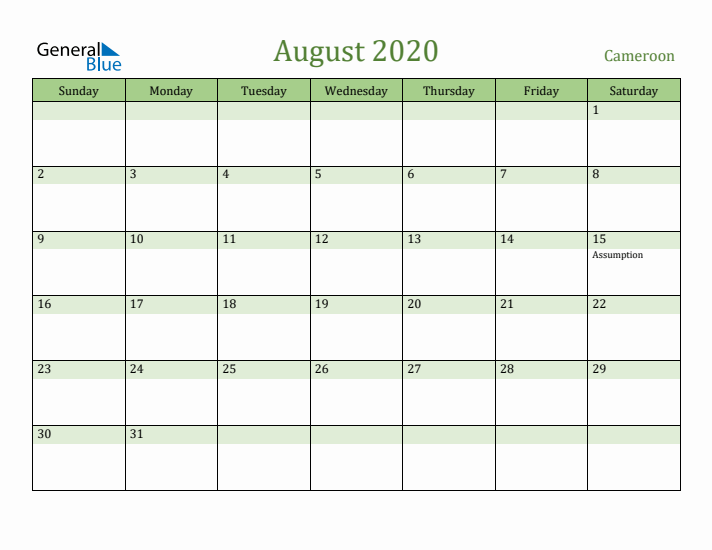 August 2020 Calendar with Cameroon Holidays