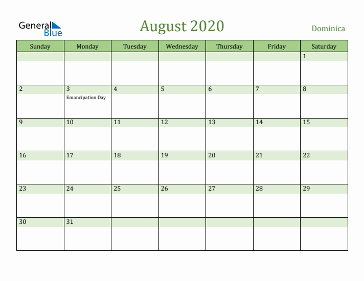 August 2020 Calendar with Dominica Holidays