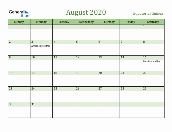 August 2020 Calendar with Equatorial Guinea Holidays