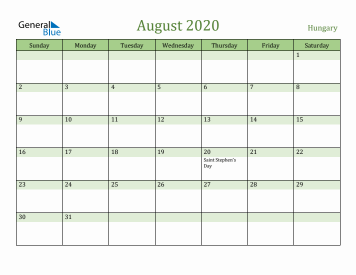 August 2020 Calendar with Hungary Holidays