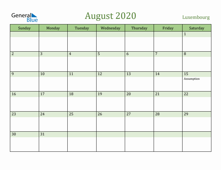 August 2020 Calendar with Luxembourg Holidays