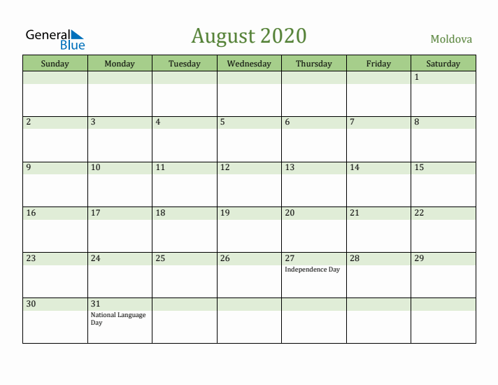 August 2020 Calendar with Moldova Holidays