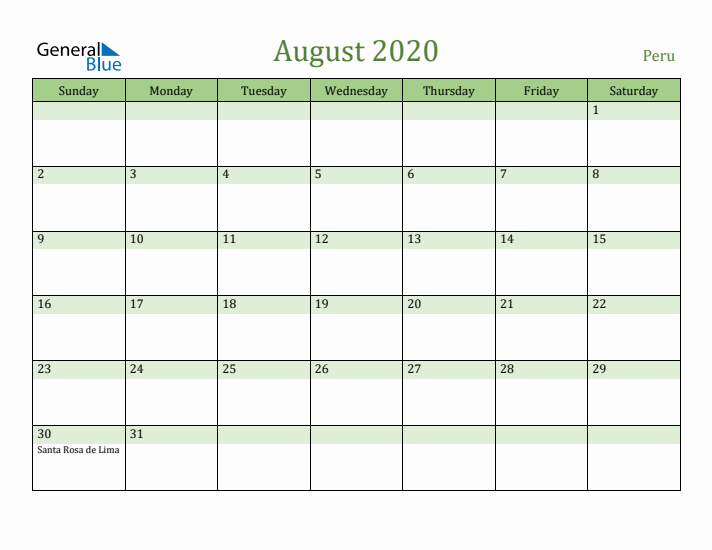 August 2020 Calendar with Peru Holidays