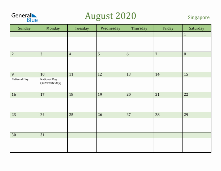 August 2020 Calendar with Singapore Holidays