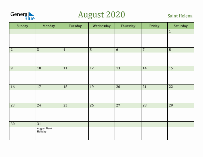 August 2020 Calendar with Saint Helena Holidays