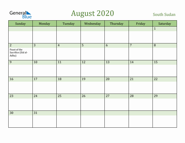 August 2020 Calendar with South Sudan Holidays