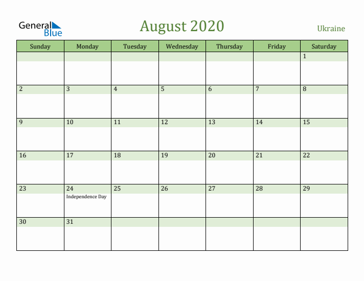 August 2020 Calendar with Ukraine Holidays