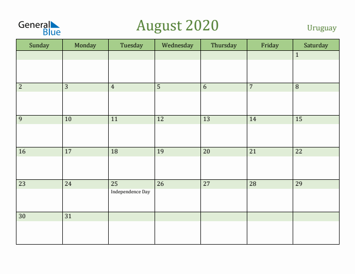 August 2020 Calendar with Uruguay Holidays