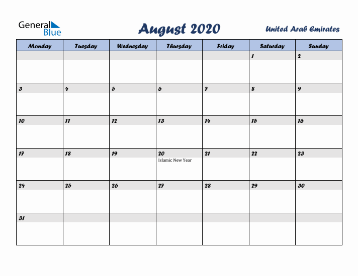 August 2020 Calendar with Holidays in United Arab Emirates