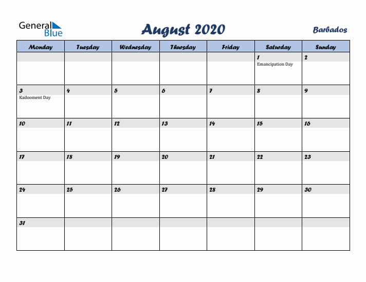 August 2020 Calendar with Holidays in Barbados