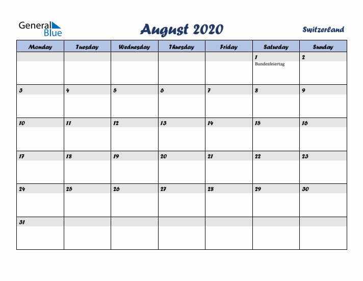 August 2020 Calendar with Holidays in Switzerland