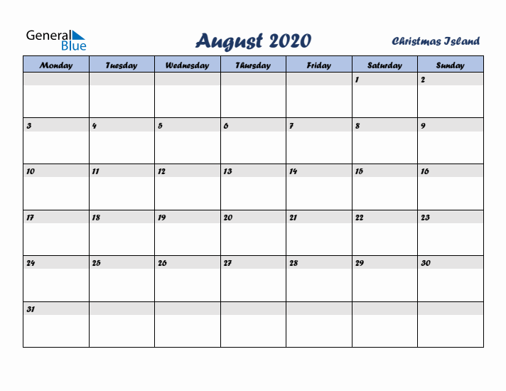 August 2020 Calendar with Holidays in Christmas Island