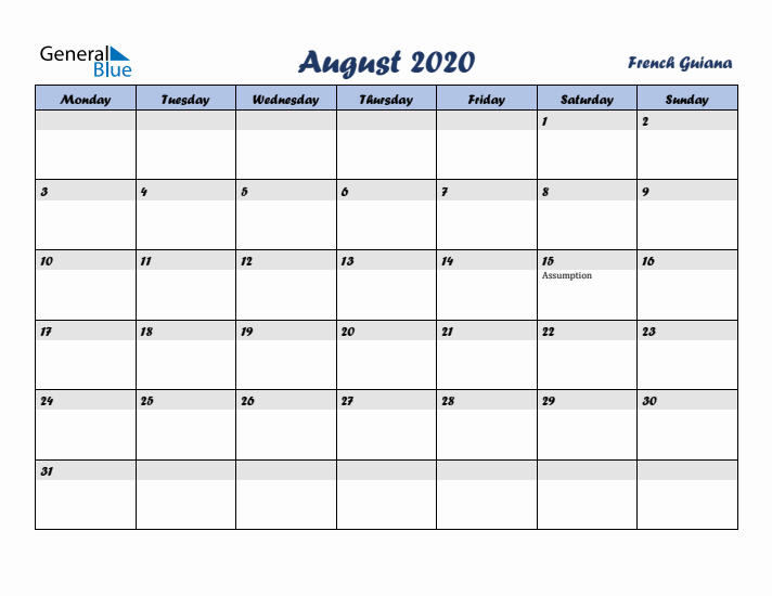 August 2020 Calendar with Holidays in French Guiana