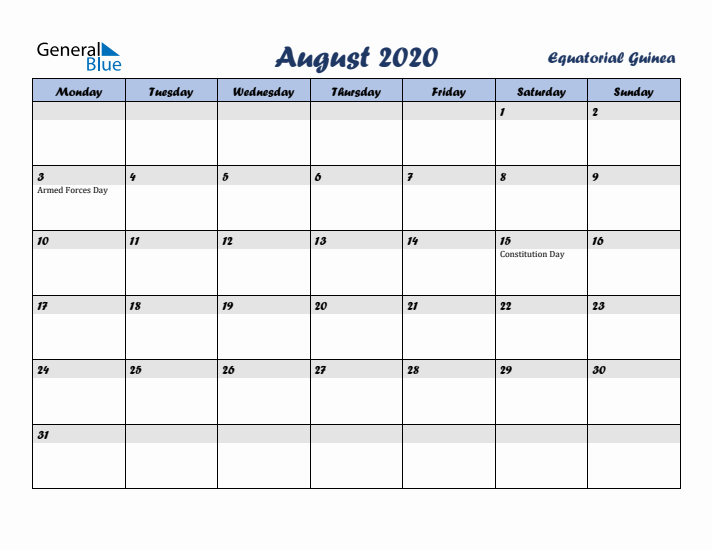 August 2020 Calendar with Holidays in Equatorial Guinea