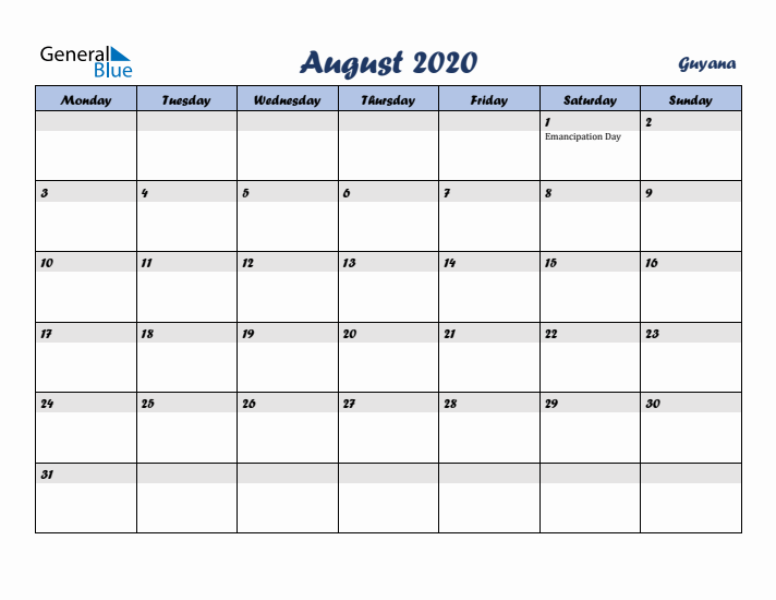 August 2020 Calendar with Holidays in Guyana