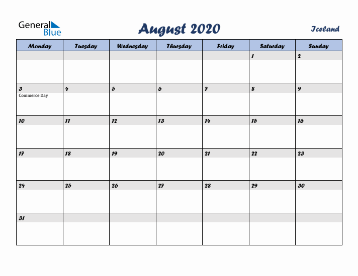 August 2020 Calendar with Holidays in Iceland