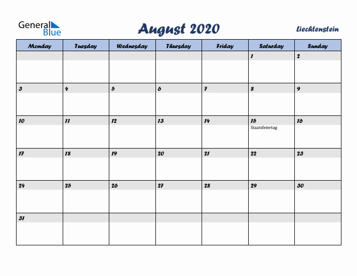 August 2020 Calendar with Holidays in Liechtenstein