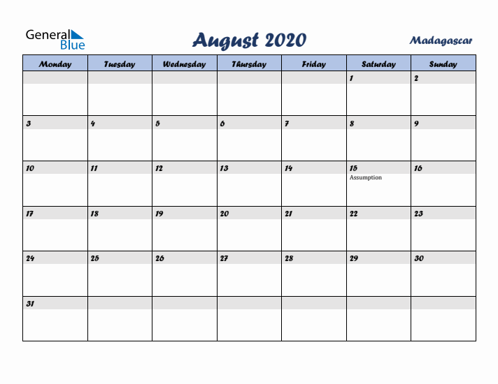 August 2020 Calendar with Holidays in Madagascar