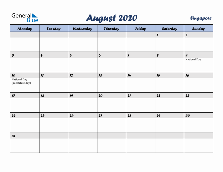 August 2020 Calendar with Holidays in Singapore