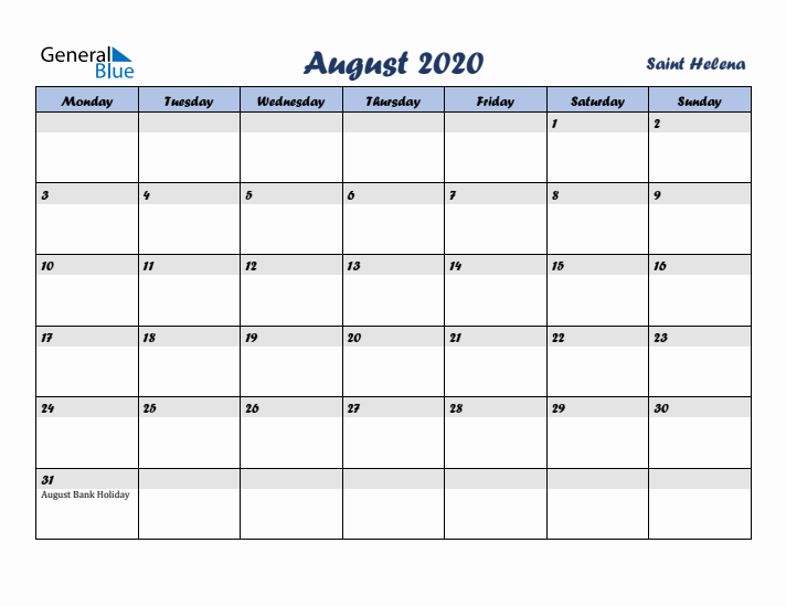 August 2020 Calendar with Holidays in Saint Helena