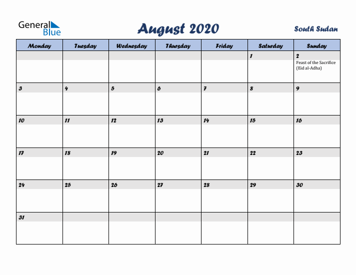 August 2020 Calendar with Holidays in South Sudan