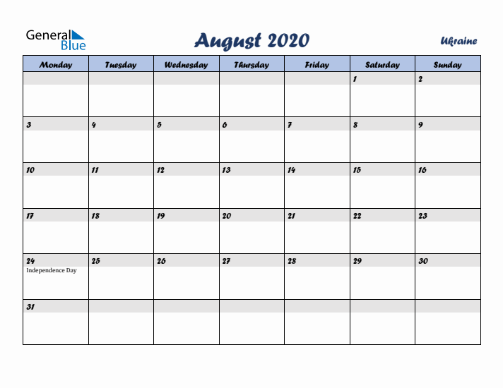 August 2020 Calendar with Holidays in Ukraine