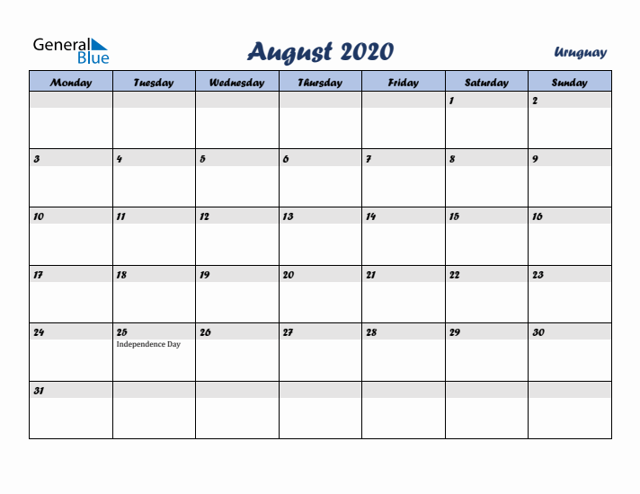 August 2020 Calendar with Holidays in Uruguay