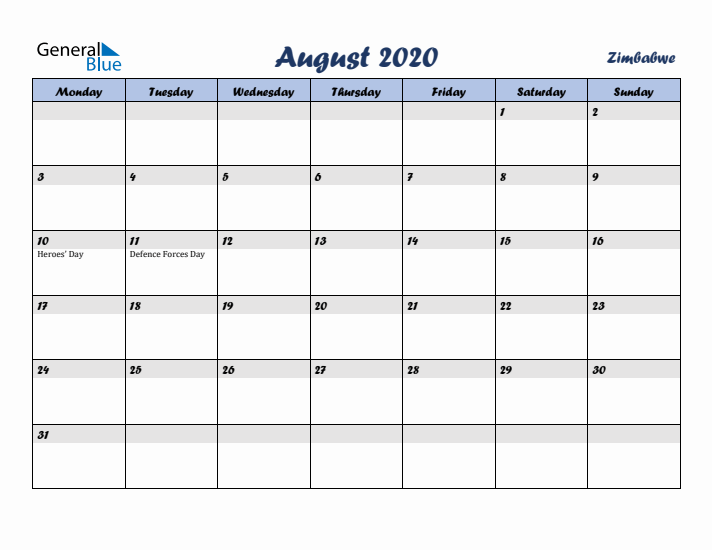 August 2020 Calendar with Holidays in Zimbabwe