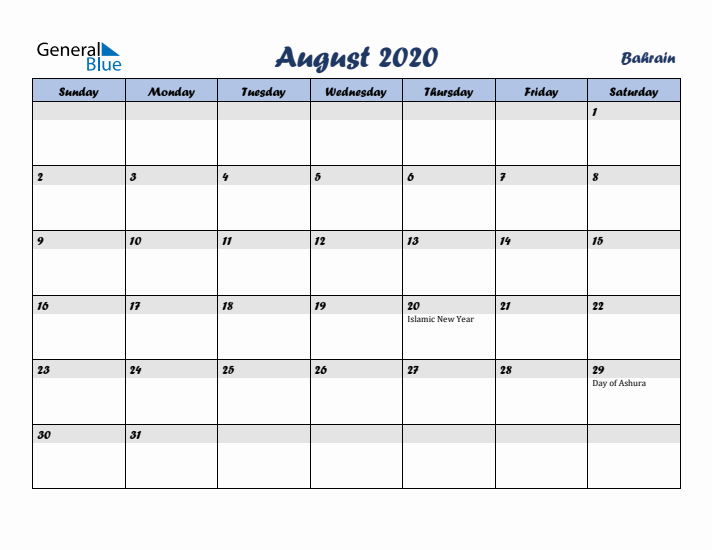 August 2020 Calendar with Holidays in Bahrain