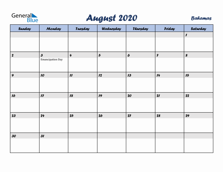 August 2020 Calendar with Holidays in Bahamas