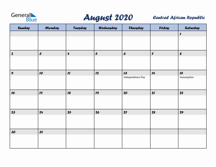 August 2020 Calendar with Holidays in Central African Republic