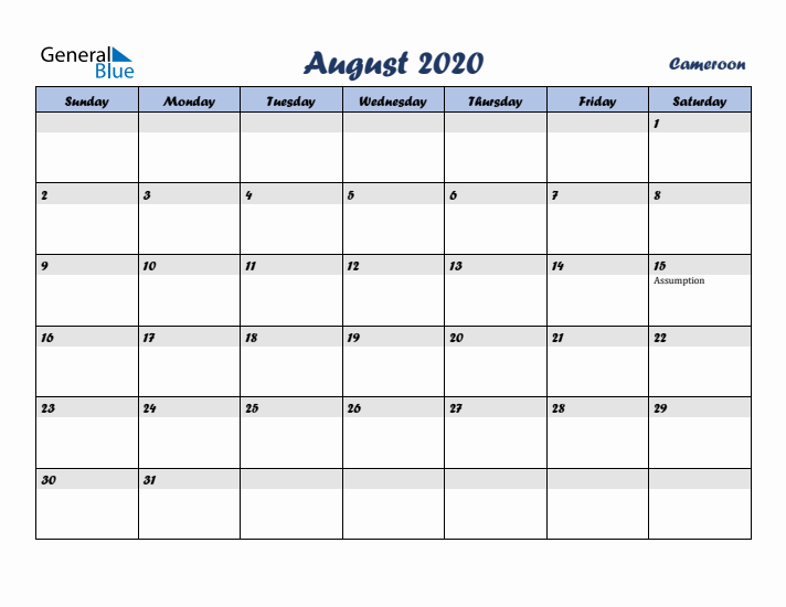 August 2020 Calendar with Holidays in Cameroon