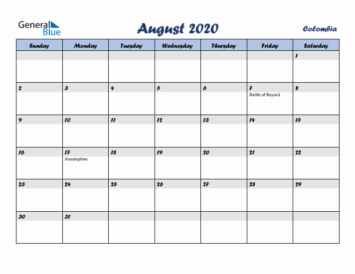 August 2020 Calendar with Holidays in Colombia