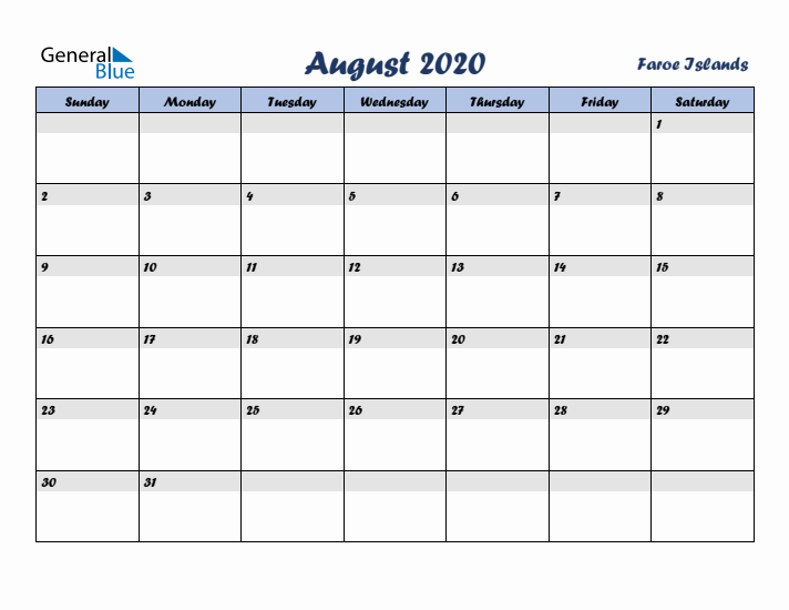 August 2020 Calendar with Holidays in Faroe Islands