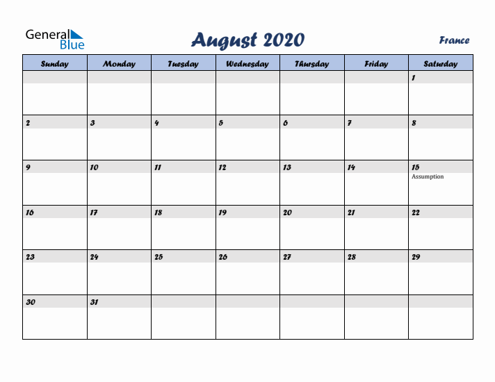 August 2020 Calendar with Holidays in France