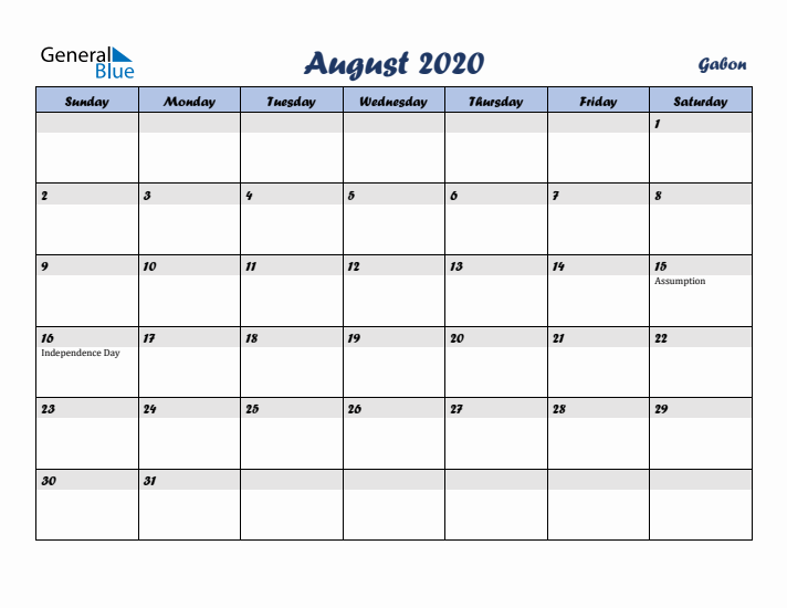 August 2020 Calendar with Holidays in Gabon